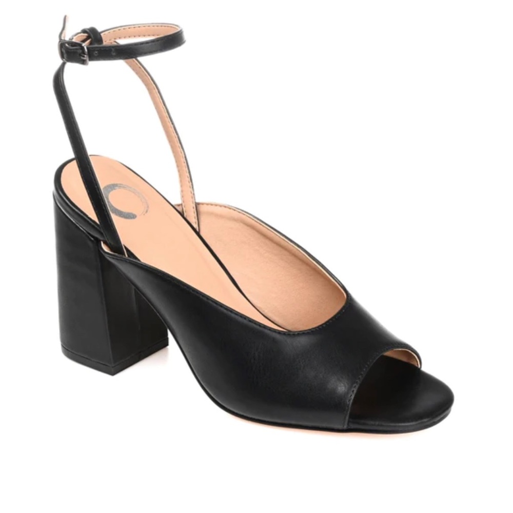 Open toe block heels ankle strap vegan leather backless black pumps chic